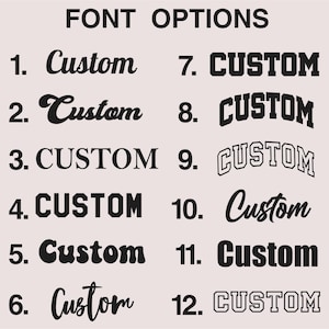 以下が含まれることがあります： FONT OPTIONSというタイトルのチャートには、明るい背景に12種類の黒いテキストスタイルが表示されています。各項目には番号が振られ、筆記体から太字のブロック体、輪郭線のみの文字まで、それぞれ異なるフォントでCustomという単語が記載されています。