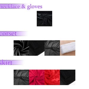 May include: Image displaying fabric swatches and garment elements. Features black velvet, sections of a corset, and a skirt. The skirt includes red and black fabrics, with a sheer material patterned with hearts. Text reads "necklace & gloves", "corset", and "skirt".
