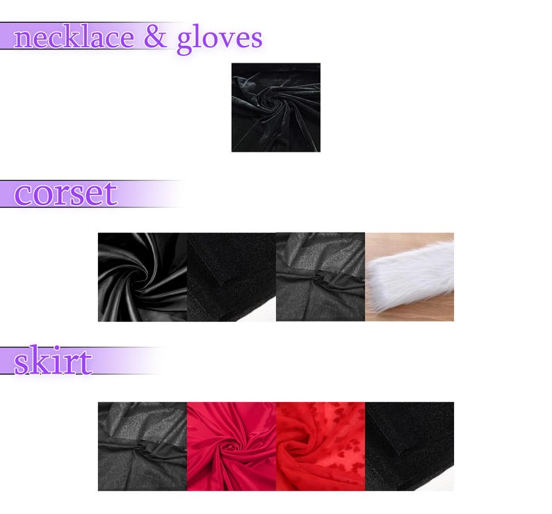 May include: Image displaying fabric swatches and garment elements. Features black velvet, sections of a corset, and a skirt. The skirt includes red and black fabrics, with a sheer material patterned with hearts. Text reads "necklace & gloves", "corset", and "skirt".