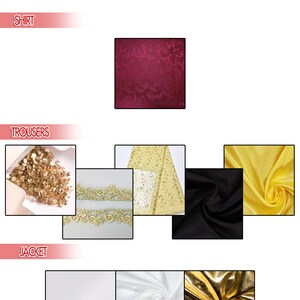 Op de afbeelding: Een selectie van stofstalen voor kleding. De stalen omvatten een rode brokaatstof, een gouden kantstof, een zwarte satijnstof, een gele satijnstof, een witte satijnstof, een witte katoenen stof en een gouden metallic stof.