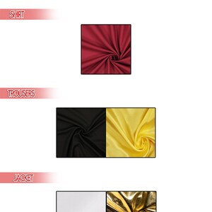 Op de afbeelding: Een visuele gids voor basisstoftypen. De afbeelding toont drie stofstalen: een rode shirtstof, een zwarte en gele broekstof en een witte en gouden jasstof.