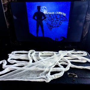 May include: White, spiderweb-like decoration with long, twisted strands and a net-like center. The TV screen displays "CAPTAIN COBWEB" with a superhero silhouette against a starry blue background. A business card and a small spider are also present.