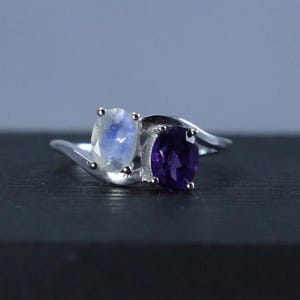 Natural Amethyst And Moonstone Ring, Sterling Silver Ring, Wedding Ring, June Birthstone Ring, Moonstone and Amethyst Jewelry, Gift For Her