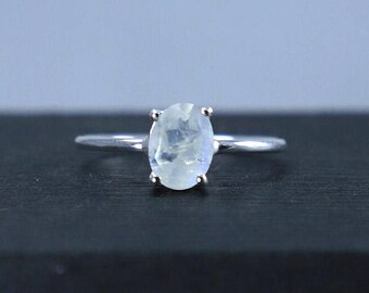 Handmade 925 Sterling Silver Oval Rainbow Moonstone Ring, June Birthstone Ring, Unique Artisan Ring, Gift For Her, Boho Minimalist Ring