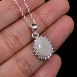 Natural Australian Opal Pendant,925 Silver Necklace,Victorian Pendant,Zirconia Pendant,Anxiety Pendant,Australian Opal Jewelry,Gift For Her.