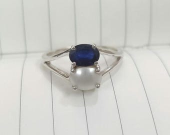 Pearl With Blue Sapphire Handmade Sterling Silver Dual Gemstone Ring, June and September Birthstone Jewelry, Moon and Saturn Gemstone Ring