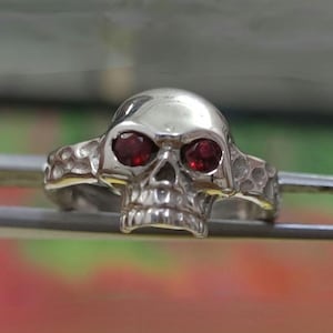 Skull Shape Band With Natural Ruby Red Eyes, And Blue / Black Sapphire 925 Silver Skull Ring, Gothic Skull Silver Antique Handmade Ring Band