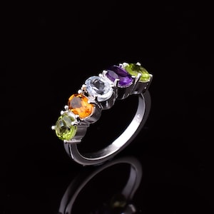 Multi Gemstone Ring: Natural Peridot, Amethyst, Aquamarine, Citrine, Sterling Silver