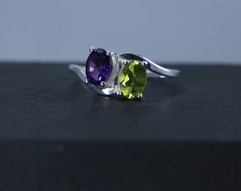 Handmade Amethyst, Peridot Ring, Sterling Silver Dual Stone Ring, February & August Birthstone Jewelry, Dainty Gemstone Ring, Gift for Her