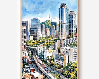 Seoul Skyline Wall Art: Watercolor Cityscape Digital Download