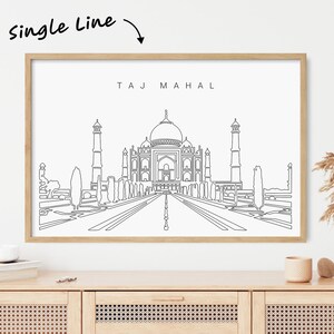 Framed Taj Mahal Poster - India Wall Art with Taj Mahal as One Line Drawing - Great Wall Decor Gift for New Home or New Job
