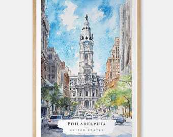 Konsttryck med Philadelphias stadshus - Väggkonst i Philadelphia - Resetryck i USA - Resepresent - Flyttpresent - Gåva till nytt hem - Inflyttningspresent