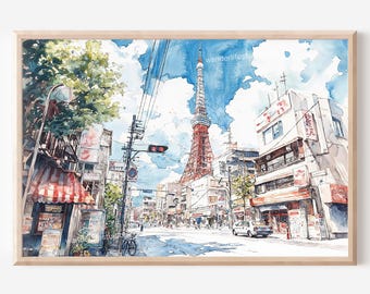 Digitale wanddecoratie van de Tokyo Tower: aquarel stadsgezicht, perfect voor thuisgebruik.