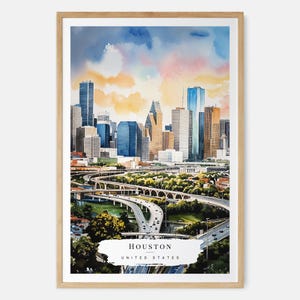 Houston Texas Skyline Watercolor Art Print - Texas City Wall Art - USA Travel Print - Travel Gift - Moving Gift - New Home Gift