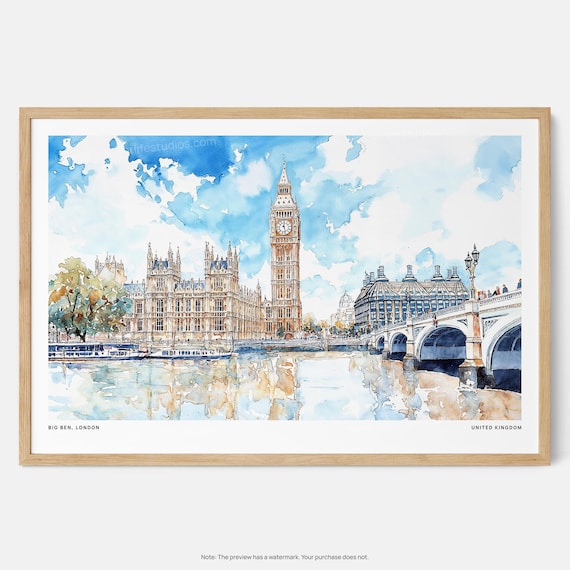 ビッグベンの水彩画アートプリント：ロンドンのランドマークの壁アート