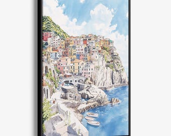 Cinque Terre Watercolor Canvas Print: Colorful Coastal Village Wall Art