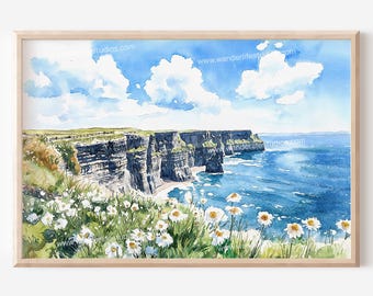 Cliffs of Moher Printable Wall Art: Ireland Watercolor Art Print as Digital Download