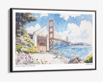 Golden Gate Bridge Canvas Print: Framed Watercolor Artwork from San Francisco
