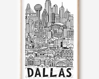 Illustration imprimable de Dallas style crayon : panorama de la ville (téléchargement numérique)