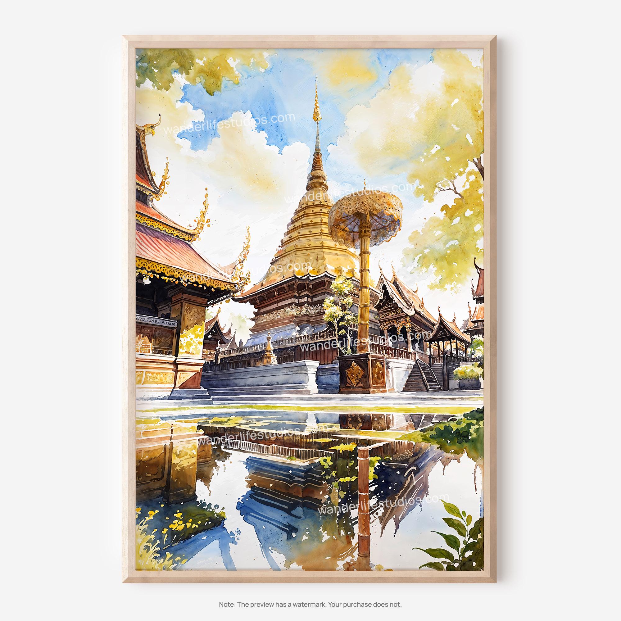 水彩画　タイ　チェンマイ　 お寺 SHO 風景画 タイ チェンマイ お寺 水彩画 SHO 【公式通販】