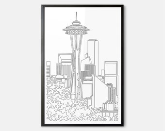 Framed Seattle Skyline Wall Art - Seattle Art Print - Seattle Poster w Space Needle - Seattle Wall Decor - Houswarming Gift - New Home Gift