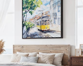 Lisbon Yellow Tram Square Canvas Print: Watercolor Cityscape Wall Art