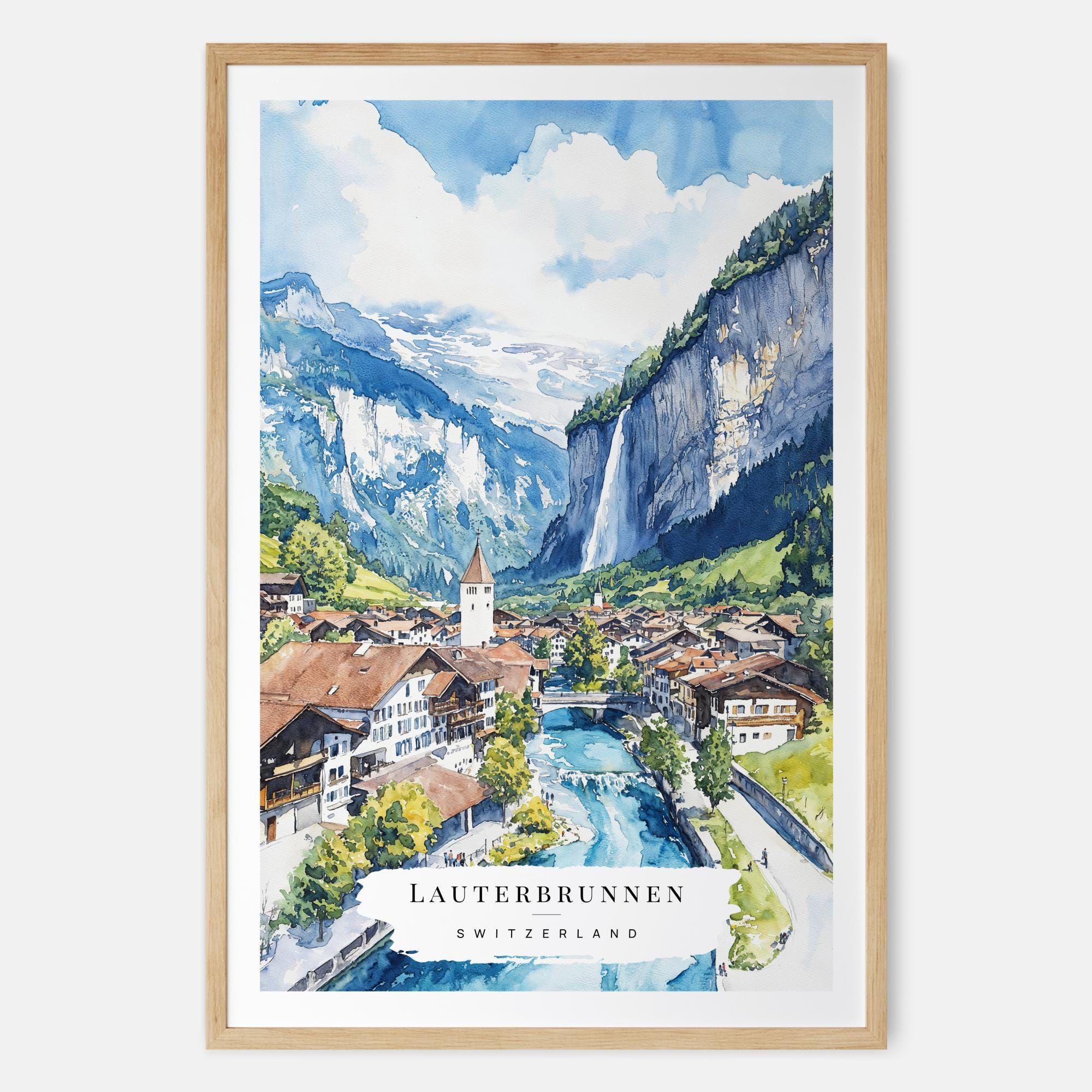 Lauterbrunnen Watercolor Art Print - Swiss Town Wall Art - Switzerland Travel Print - Travel Gift - Moving Gift - New Home Gift