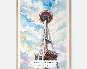 Seattle Space Needle Watercolor Art Print, Seattle Washington Wall Art, USA Travel Print, Seattle Travel Gift, Moving Gift, New Home Gift