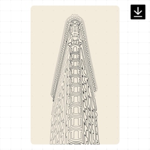 Puede incluir: Un dibujo en blanco y negro de un edificio alto con un diseño geométrico único. El edificio tiene una parte superior puntiaguda y una serie de ventanas y elementos decorativos.