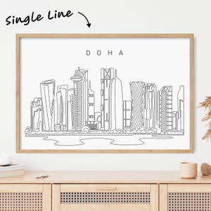 Framed Doha Qatar Skyline Wall Art - Doha Art Print with Iconic Cityscape as Single Line Art - Doha Wall Decor as New Job or Moving Gift