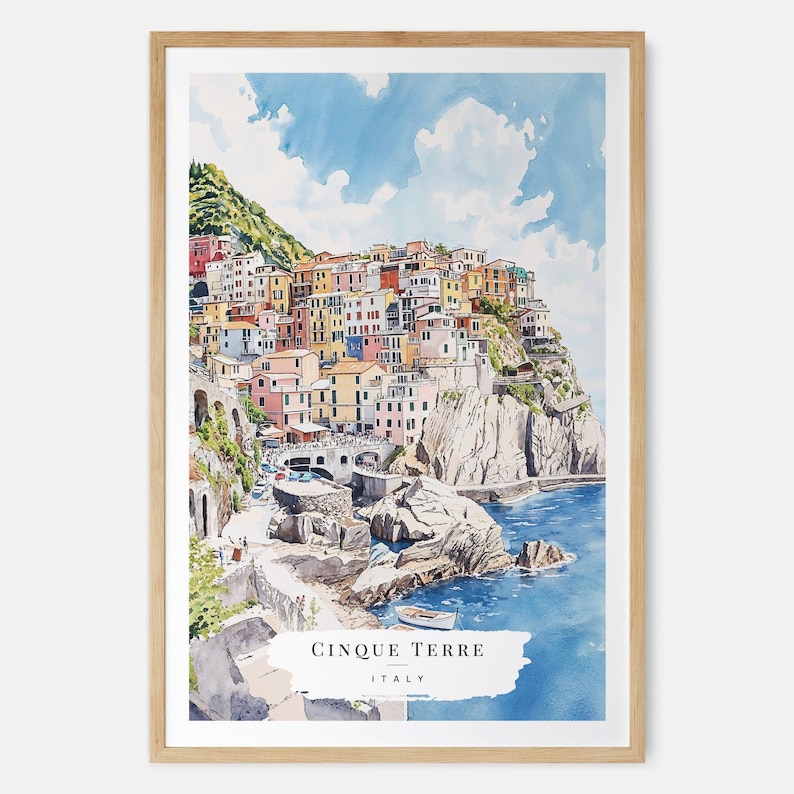 Lámina artística en acuarela de Manarola Cinque Terre - Arte mural de Italia - Regalo de viaje a Italia - Regalo de mudanza - Regalo para un nuevo hogar - Regalo de inauguración de casa imagen 1