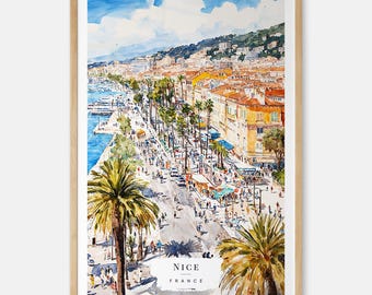 May include: Watercolor print of Nice, France, in a wooden frame. The artwork depicts a coastal city with palm trees, buildings with orange roofs, and a bustling street scene. The sky is blue with white clouds. Text at the bottom reads "NICE FRANCE."