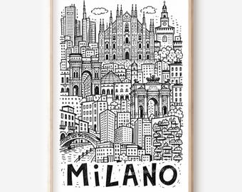 Milan Pencil-Style Printable Wall Art: Galleria Dome, Arco della Pace and Skyscrapers Digital Download