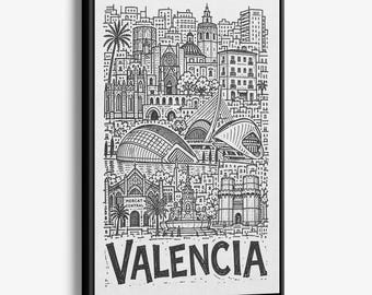 Valencia Pencil-Style Canvas Print: Hemisferic, Assut de l'Or Bridge and Fountain Wall Art