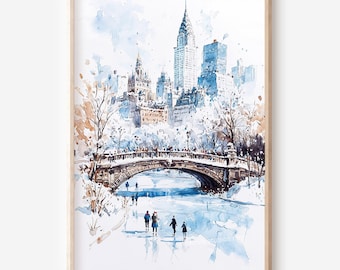 May include: Watercolor painting of a winter scene in New York City, featuring a bridge, buildings, and people. The artwork is framed in a light wood frame. The color palette includes blues, browns, and whites, creating a serene and artistic depiction of the city.