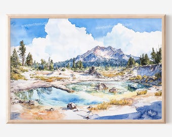 ラッセン火山国立公園の壁画：水彩風景画 デジタルダウンロード - Etsy