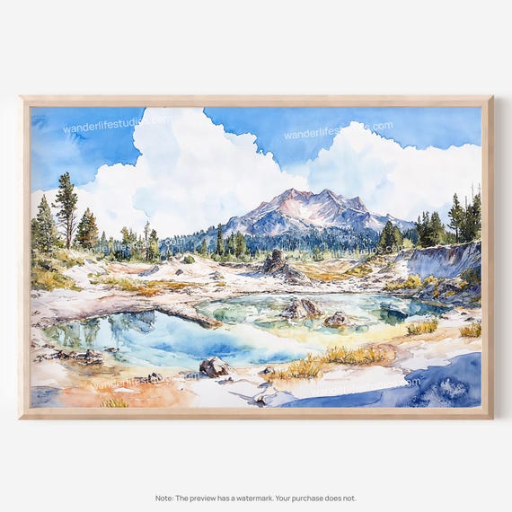 ラッセン火山国立公園の壁画：水彩風景画 デジタルダウンロード - Etsy