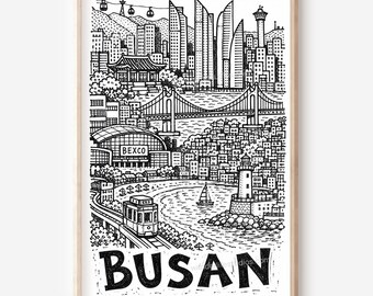 Busan City Printable Wall Art: Pencil-Style Harbor Bridge, Cable Cars and Beach Digital Download