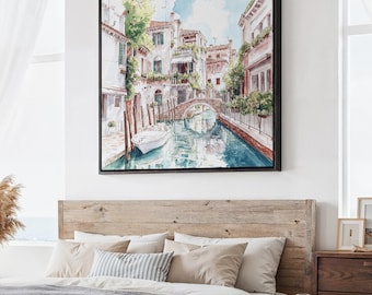 Venice Italy Canal Painting: Square Canvas Print of Vibrant Watercolor Scene