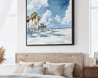 Los Angeles Beach Canvas Print: Square Coastal Wall Art in Watercolor Style