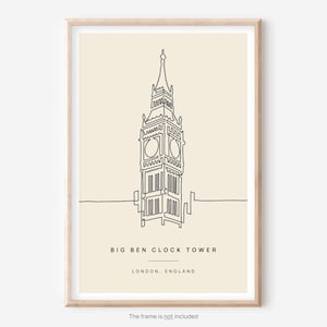 Impression emblématique de la tour de l&#39;horloge de Big Ben - Poster de voyage Londres Angleterre - un dessin au trait - cadeau d&#39;art mural esthétique