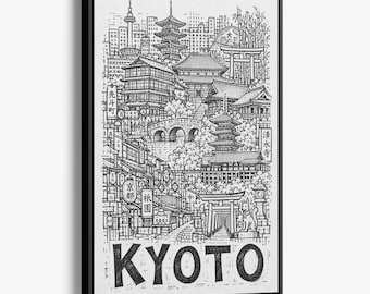 Kyoto Pencil-Style Canvas Print: Gion Lanterns, Arched Bridge and Temple Rooftops Wall Decor