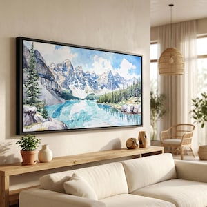 Banff National Park Canvas Print: Alpine Lake Panorama Wall Art in Scenic Watercolor Style zdjęcie 1