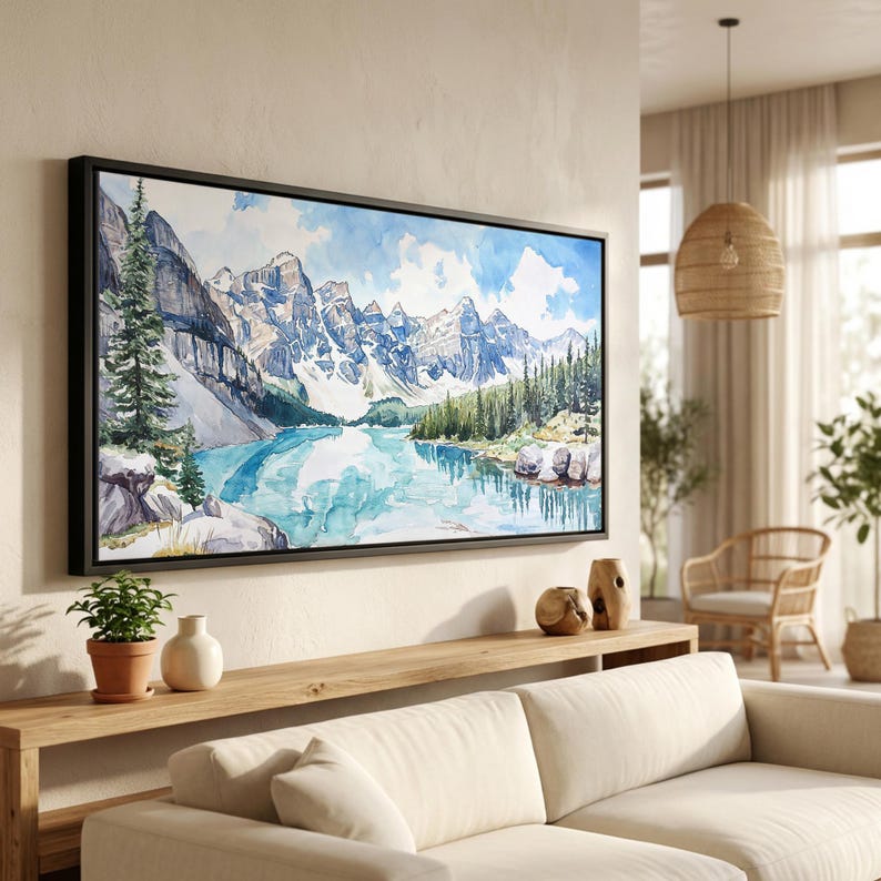 Banff National Park Canvas Print: Alpine Lake Panorama Wall Art in Scenic Watercolor Style zdjęcie 1