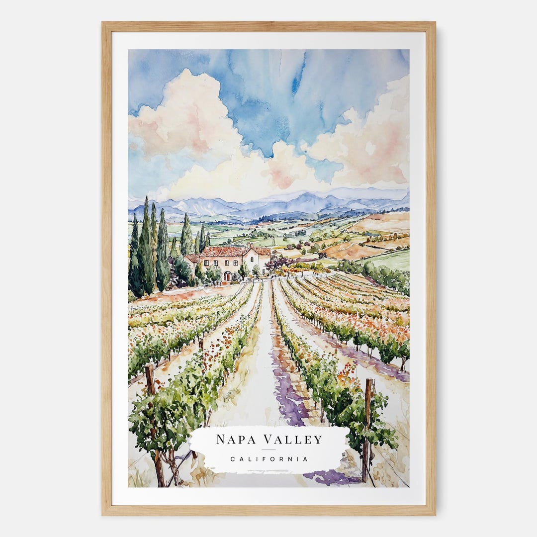 Napa Valley Vineyard Watercolor Art Print - California Wall Art - USA ...