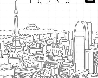 Tokyo Japan Printable Wall Art - Tokyo Skyline Single Line Art - Digital Download - 100% Hand-Drawn - Instant Download