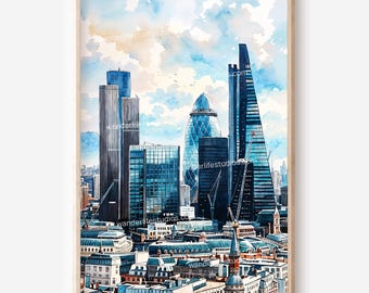 London Skyline Wall Art: Watercolor Style Digital Download Print
