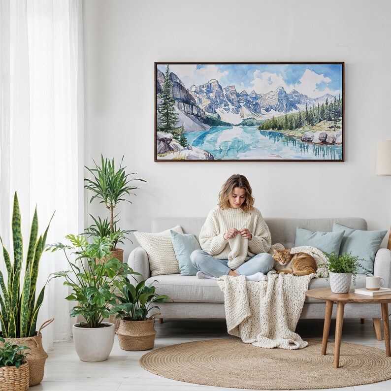 Banff National Park Canvas Print: Alpine Lake Panorama Wall Art in Scenic Watercolor Style zdjęcie 4