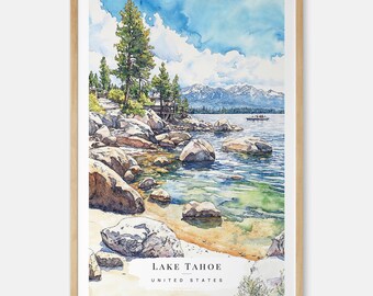 Lake Tahoe Watercolor Art Print - Sierra Nevada Wall Art - USA Travel Print - Travel Gift - Moving Gift - New Home Gift
