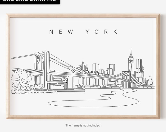 New York Poster With Brooklyn Bridge - New York Skyline Wall Decor with One Line Drawing - Large NYC Wall Art - New York City Art Print
